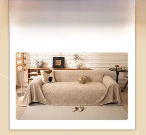 Close-up of thick coffee waffle weave sofa cover with premium knitted texture detail