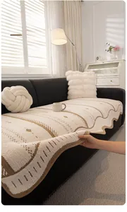 Detail of off-white sofa cover with brown wave pattern and 3D jacquard texture fabric