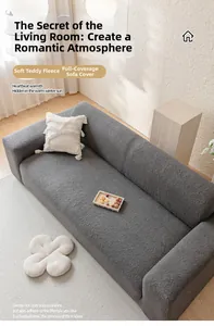 Detailed texture of charcoal grey teddy velvet sofa cover with snug full-wrap fit