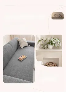 Detailed close-up of grey textured teddy fleece sofa cover in a modern living room