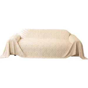 Thick beige shuchun velvet sofa cover with heavy textured weave for full protection