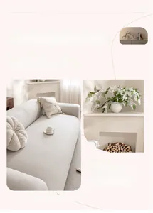 Detail of soft cream polar fleece sofa cover with matching decorative fringe cushions