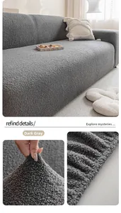 Detail of dark grey teddy fleece sofa cover texture with high elasticity and secure fit