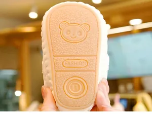 Detailed view of non-slip rubber sole with bear pattern for baby walking shoes