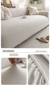 Detail of light grey thickened polar fleece sofa cover showing high elasticity and texture