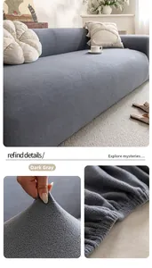 Detail of dark grey polar fleece sofa cover showing high elasticity and elastic hem design