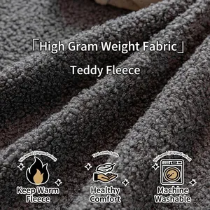 Close-up texture of dark grey teddy fleece sofa cover fabric with jacquard details