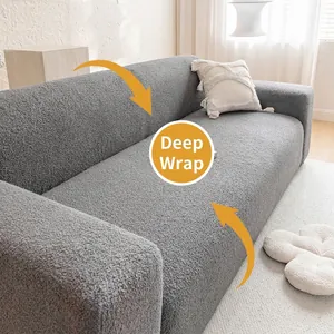 Waterproof grey teddy fleece sofa cover featuring elastic full-wrap stretch fit