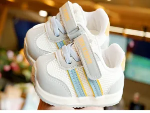 Detail of baby walking shoes with breathable mesh and anti-slip rubber soles for toddlers