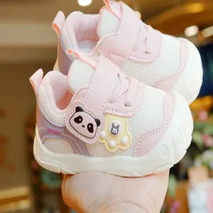 Pink toddler walking shoes with breathable mesh, panda design and non-slip soft rubber sole