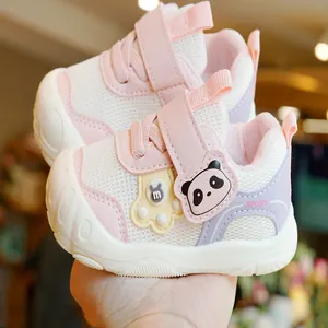 Pink toddler shoes with breathable mesh, panda velcro straps, and anti-slip rubber soles