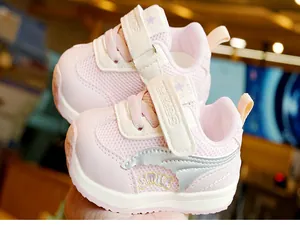 Detail of pink toddler sneaker with breathable mesh, velcro strap and non-slip sole