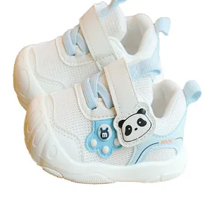 Toddler walking shoes with breathable mesh and cute panda velcro strap in blue and white