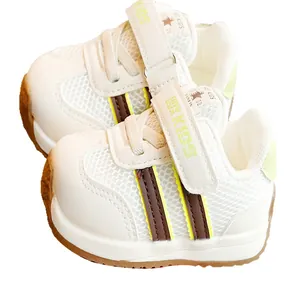 Striped breathable toddler walking shoes with non-slip rubber sole and velcro straps