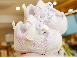 Detailed view of breathable pink and white toddler shoes with a cute bear buckle
