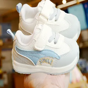 Toddler breathable mesh sneakers in white and blue with non-slip rubber soles for walking