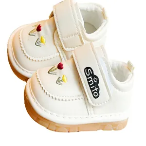 White leather baby walking shoes with tulip embroidery and non-slip rubber soles