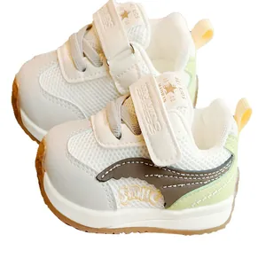 White breathable mesh toddler walking shoes with anti-slip rubber sole and velcro straps