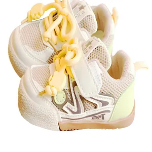 Breathable cream and yellow toddler sneakers with non-slip soft sole for 1-3 year olds