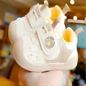 Breathable mesh baby walking shoes with cartoon cat design and anti-slip soft soles