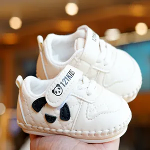 Soft sole anti-slip baby walker shoes in cream white with panda motif and velcro straps