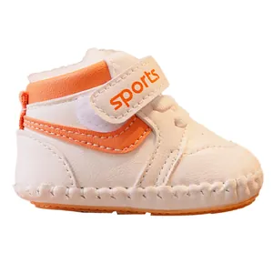 Orange and white high-top baby walker shoes with soft non-slip soles and velcro straps