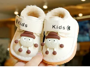 Close-up of warm winter baby shoes with thick faux lamb wool lining and velcro strap