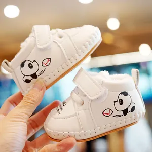 White baby walker shoes with cartoon panda print and warm plush lining for winter