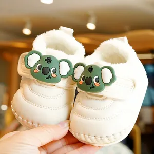 Warm Baby First Walkers Faux Leather Faux Fur Lined Cartoon Koala Soft Sole Non-slip Winter Infant Toddler Shoes