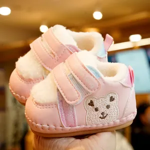 Pink plush baby walker shoes with bear embroidery and soft non-slip soles for infants