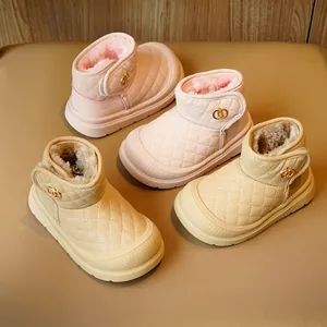 Toddler Kids Winter Snow Boots Faux Leather Quilted Diamond Pattern Fur Lined Warm Anti Slip Shoes With Velcro Closure