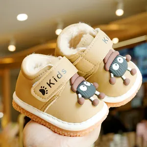 Winter fleece toddler shoes in khaki with cute spider decor and non-slip rubber soles