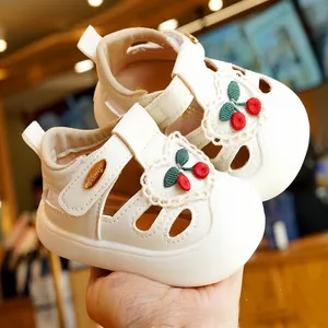 Toddler Girls Summer Sandals Synthetic Leather Cherry Embroidery Lace Heart Hook Loop Breathable Anti Slip Walking Shoes
