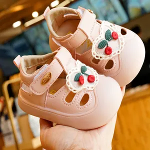 Pink toddler sandals with crochet cherry decoration and lace trim for baby girls