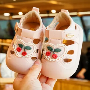 Pink toddler summer sandals with lace heart cherry patch and protective closed toe