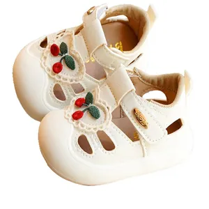 Breathable baby summer sandals in cream white with cute cherry embroidery and soft soles