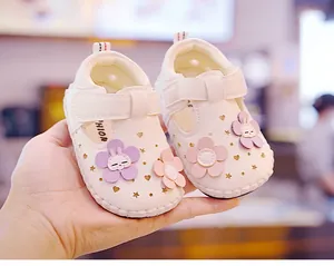 Detailaufnahme von Baby-Sandalen für Mädchen mit Blumen-Dekor und Herz-Ausschnitt