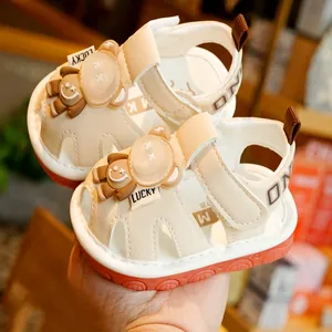 Baby summer sandals with cute 3D bear decoration and anti-slip orange thick soles
