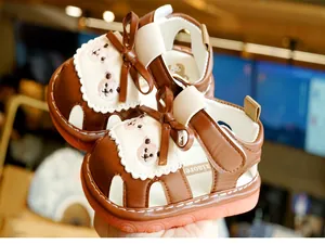 Detail of baby summer sandal featuring cute bear embroidery and non-slip rubber sole
