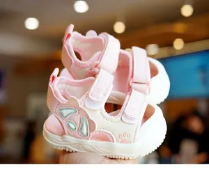 Detail of pink toddler sandals featuring a panda motif and secure double velcro straps