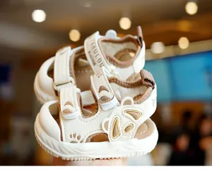 Detailed close-up of toddler sandals with breathable mesh fabric and velcro strap