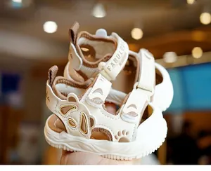Detail of baby summer sandal with panda design and non-slip soft sole for toddlers