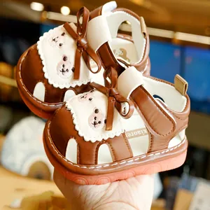 Brown infant toddler sandals with cute bear patterns and non-slip rubber soles