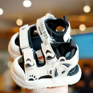 Panda themed baby summer sandals with soft non-slip rubber soles and velcro straps