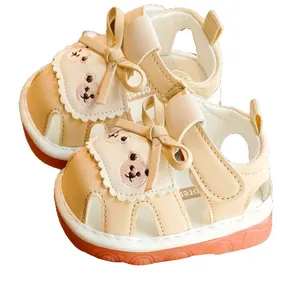 Infant summer sandals with beige leather, bear embroidery and orange non-slip rubber soles