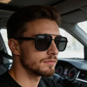 Classic double-bridge polarized sunglasses for men shown during car driving scenario