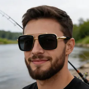 Close-up of retro double-bridge polarized sunglasses with black and gold square frames