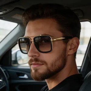 Men's retro square polarized sunglasses with gold double bridge and gradient lenses