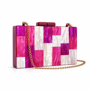 Chic color-block acrylic clutch bag with pearl texture and gold chain for weddings