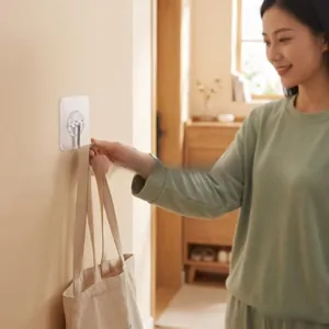 Adhesive wall hook showing heavy duty capacity by hanging a canvas bag on a tile surface